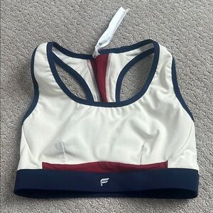 Cream and Navy Fabletics Sports Bra
